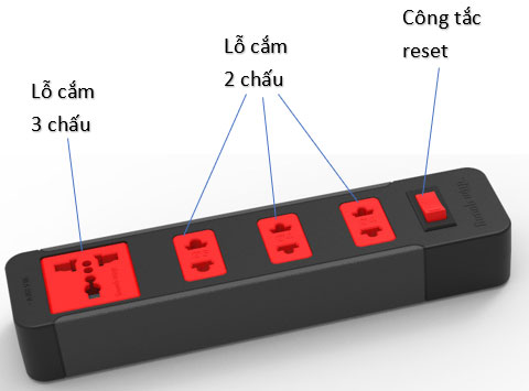 Ổ cắm ECO ĐQ ESK 4BR 5m (4 Lỗ, dây 5m, đen đỏ)