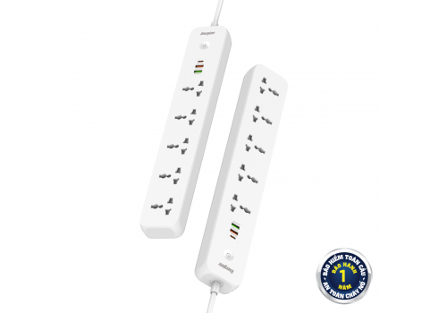 Ổ điện Energizer đa năng 5AC kèm 2USB-A và 1USB-C sạc nhanh PD (max 38W) - White - EPB2504EUWE