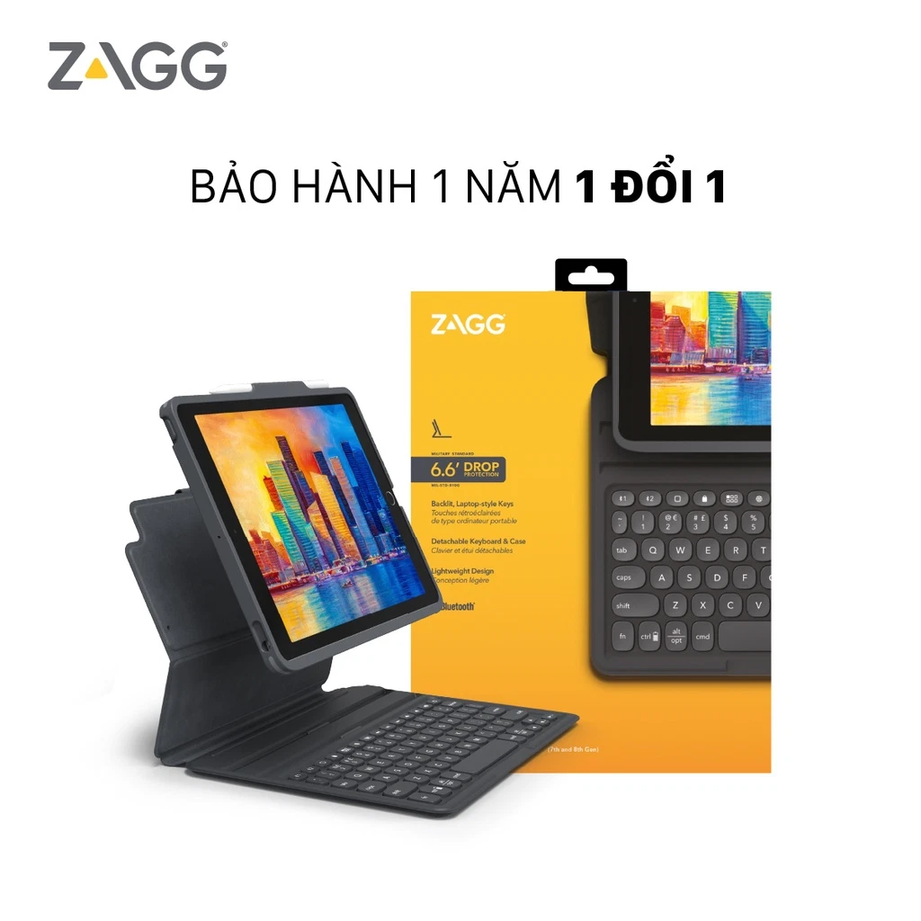 Ốp lưng kèm bàn phím ZAGG Keyboard Pro Keys-Apple-iPad 10.2-Black/Gray-UK-103407134