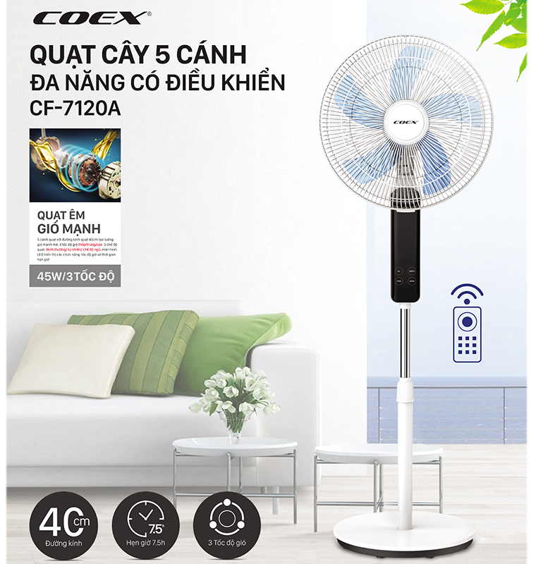 Quạt cây 5 cánh có điều khiển Coex CF-7120A- Màu trắng đen (Có điều khiển)