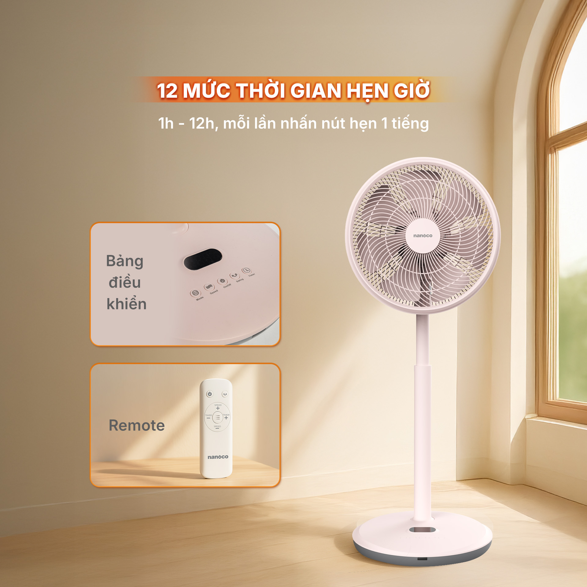 Quạt cây Nanoco BLDC NEF1499P-hồng-Điều khiển