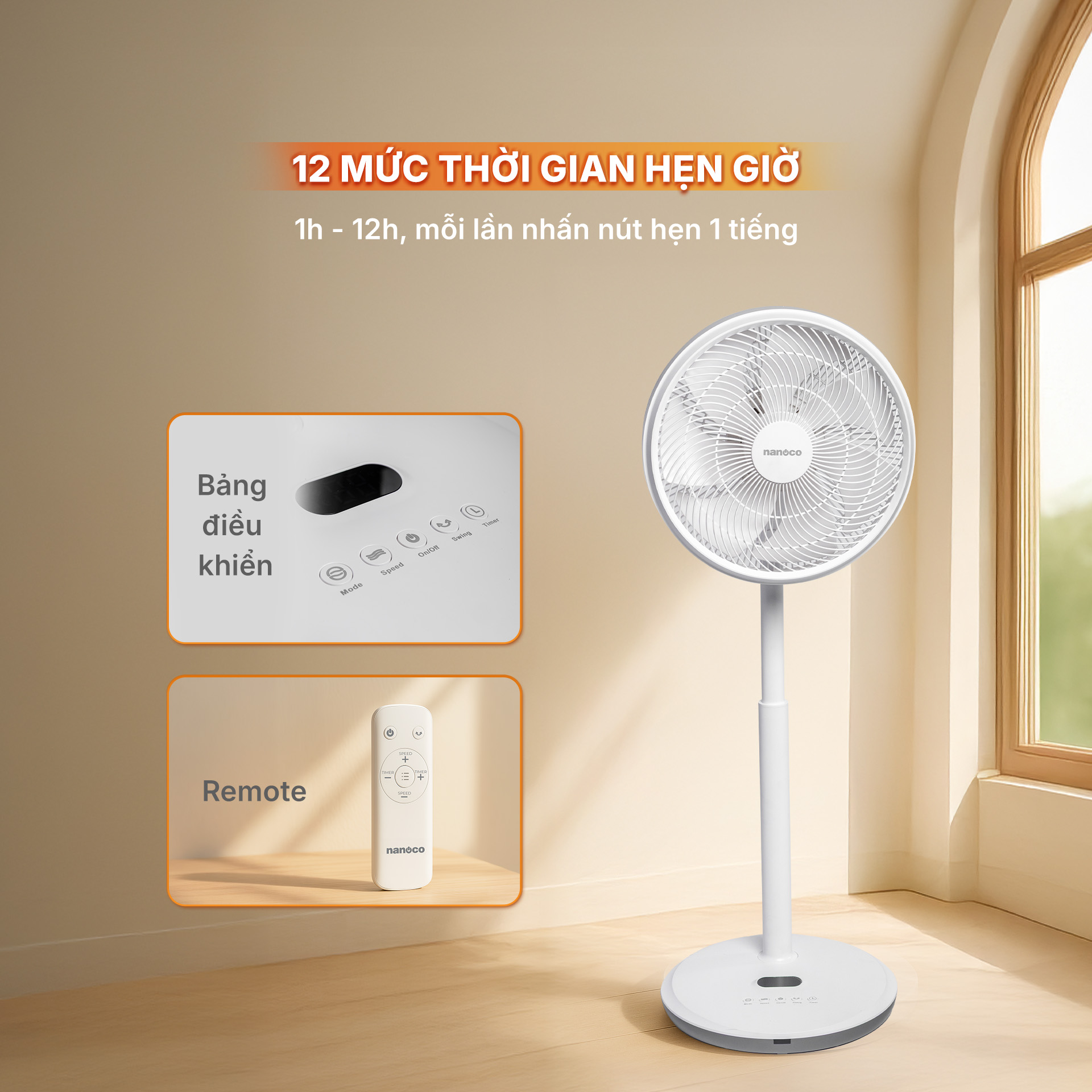 Quạt cây Nanoco BLDC NEF1499W-trắng-Điều khiển