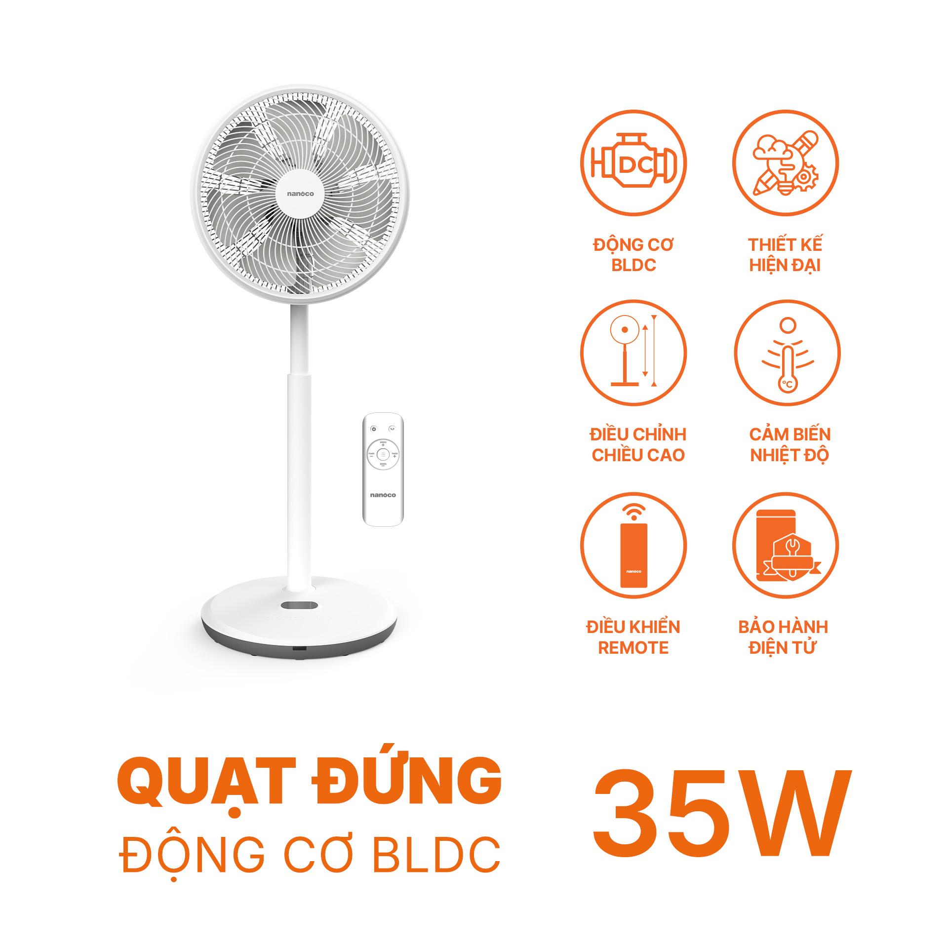 Quạt cây Nanoco BLDC NEF1499W-trắng-Điều khiển
