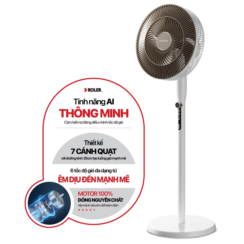 Quạt cây thông minh 7 cánh Roler RF-7124A Mầu trắng (Điều khiển từ xa)
