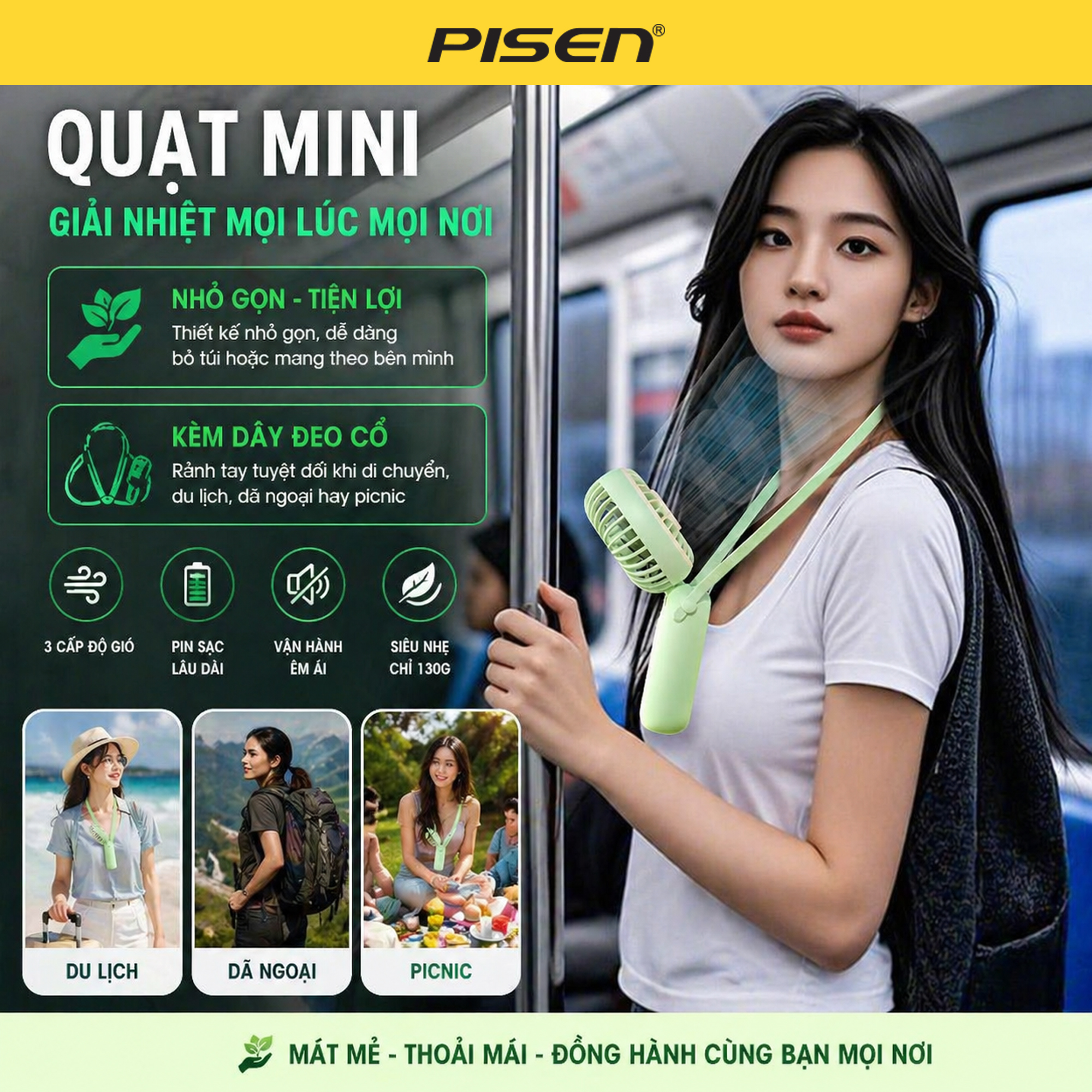 Quạt mini PISEN Kitty Breeze Colorful TP-F15 Trắng/Xanh