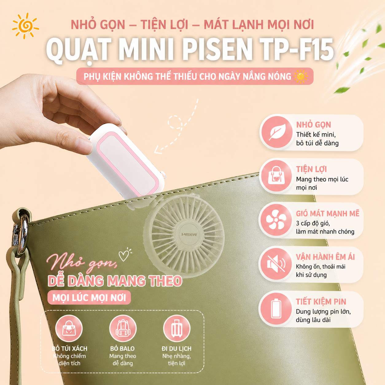 Quạt mini PISEN Kitty Breeze Colorful TP-F15 Trắng/Xanh