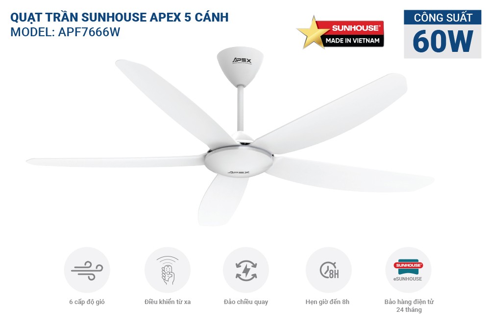 Quạt trần 5 cánh Sunhouse Apex APF7666W-Điều khiển