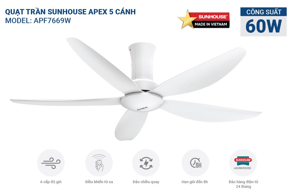 Quạt trần 5 cánh Sunhouse Apex APF7669W-Điều khiển