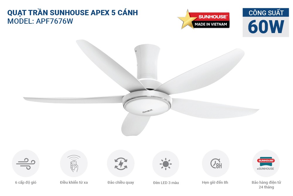 Quạt trần 5 cánh Sunhouse Apex APF7676W-đèn LED-điều khiển