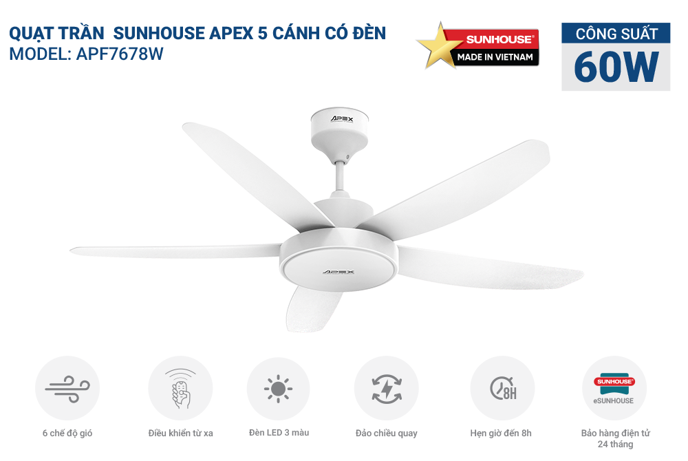 Quạt trần 5 cánh Sunhouse Apex APF7678W-đèn LED-Điều khiển