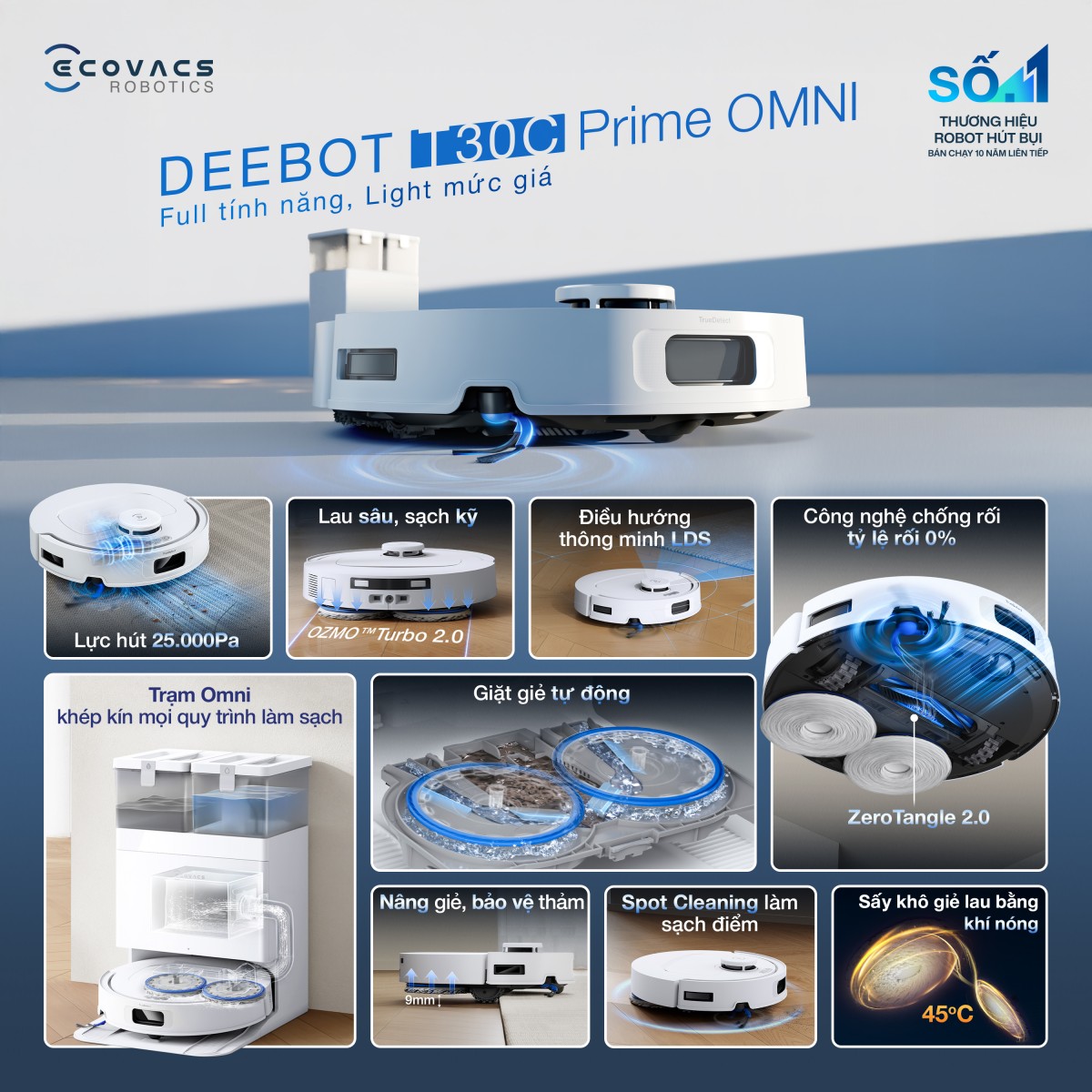 Robot hút bụi thông minh Ecovacs T30C Prime Omni Black