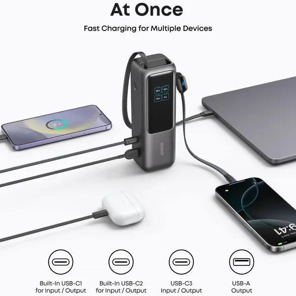 Sạc dự phòng Anker Zolo 1C1A 165W 25000mah (Built-In USB-C and Retractable Cable) Đen (Black) B2B_A1695