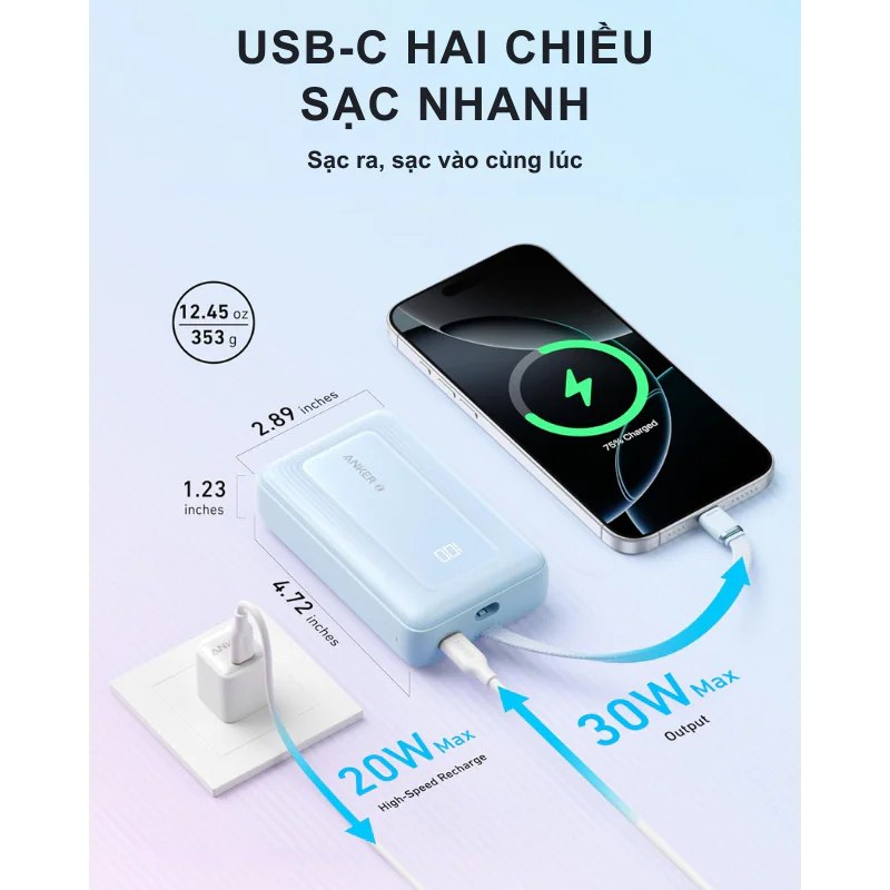 Sạc dự phòng Anker Zolo 1C1A 30W 20000mah (Built-In USB-C Cable) Trắng (White) B2B_A1689