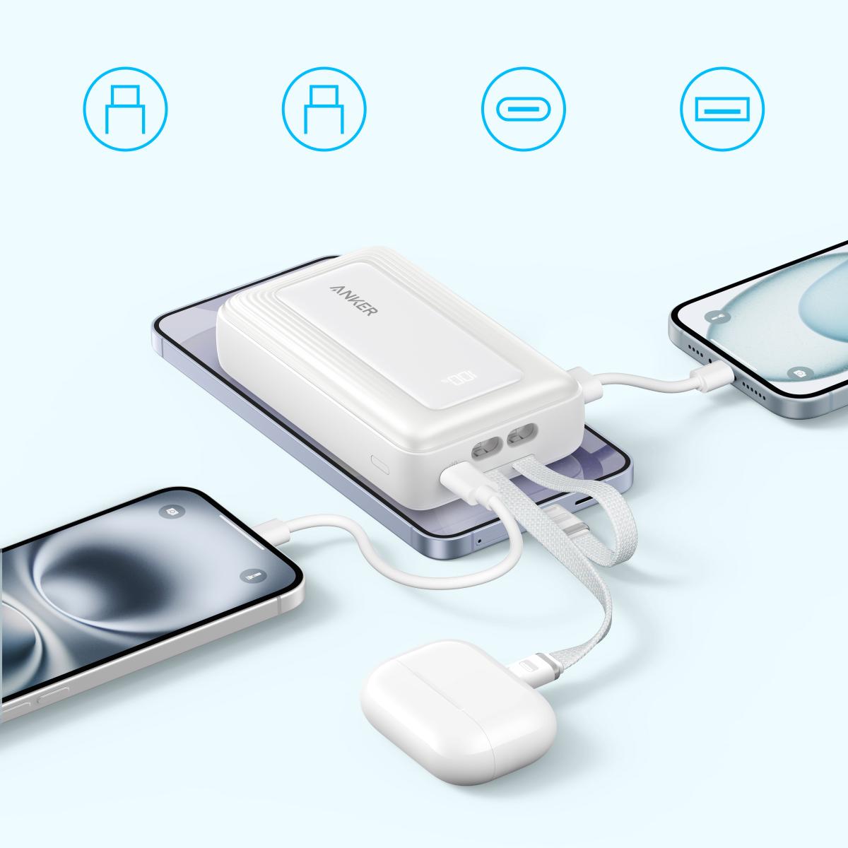 Sạc dự phòng Anker Zolo 1C1A 45W 20000mah (Built-In Dual USB-C Cables) Trắng (White) B2B_A1681