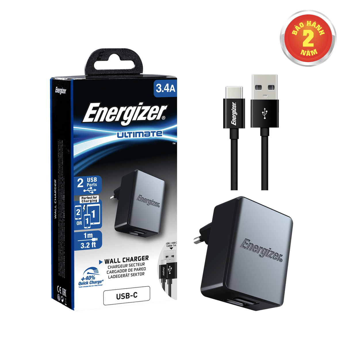 Sạc Energizer 3.4A 2USB kèm cáp USB-C2.0 màu đen - ACA2CEUUC23