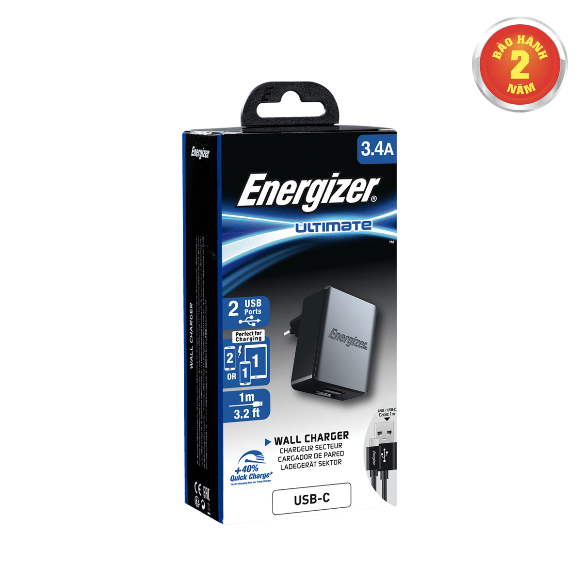 Sạc Energizer 3.4A 2USB kèm cáp USB-C2.0 màu đen - ACA2CEUUC23