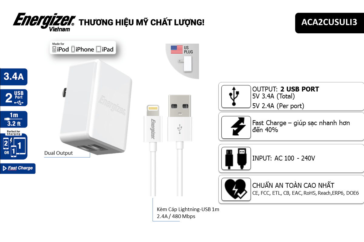 Sạc Energizer 3.4A 2USB màu trắng kèm cáp Lightning - ACA2CEUULI3