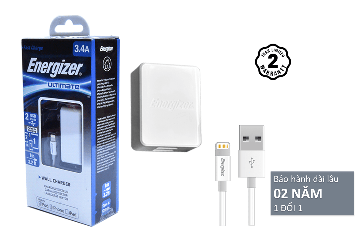 Sạc Energizer 3.4A 2USB màu trắng kèm cáp Lightning - ACA2CEUULI3