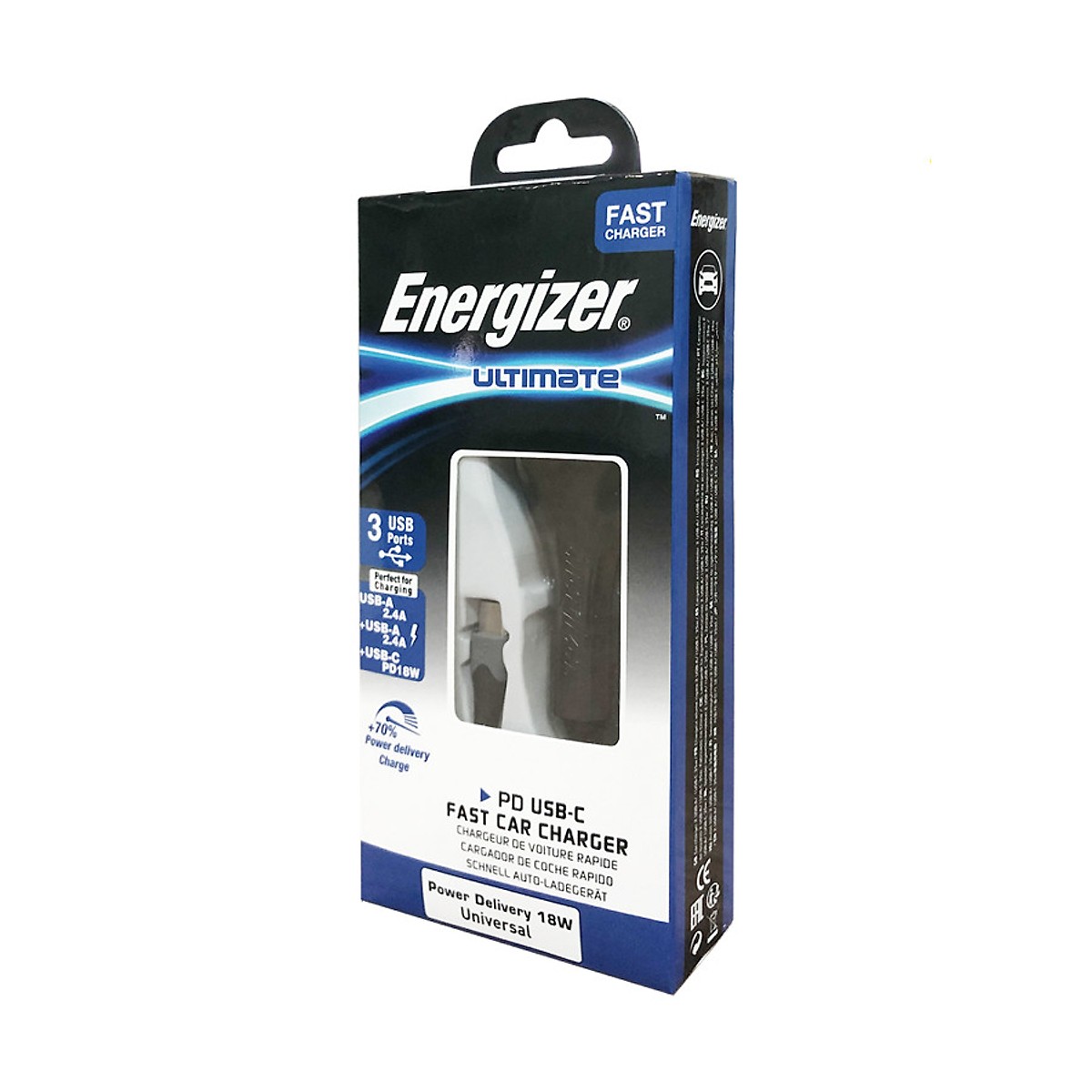 Sạc ô-tô Energizer 35W 2USB/1USB-C kèm cáp USB-C2.0 - DC21PGUCC3