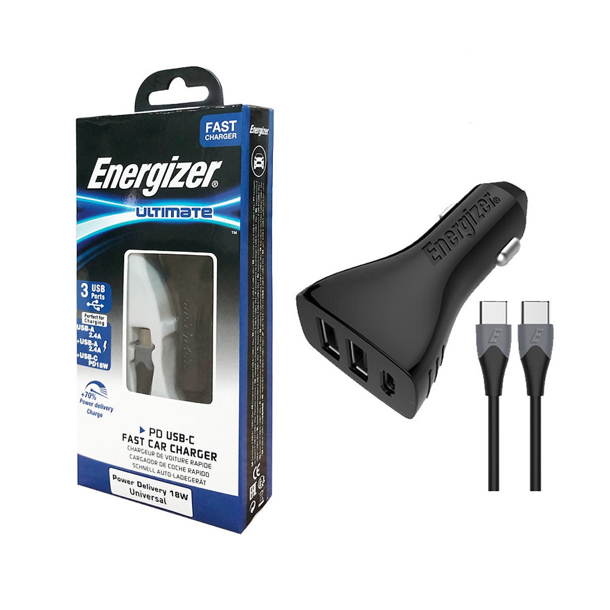 Sạc ô-tô Energizer 35W 2USB/1USB-C kèm cáp USB-C2.0 - DC21PGUCC3