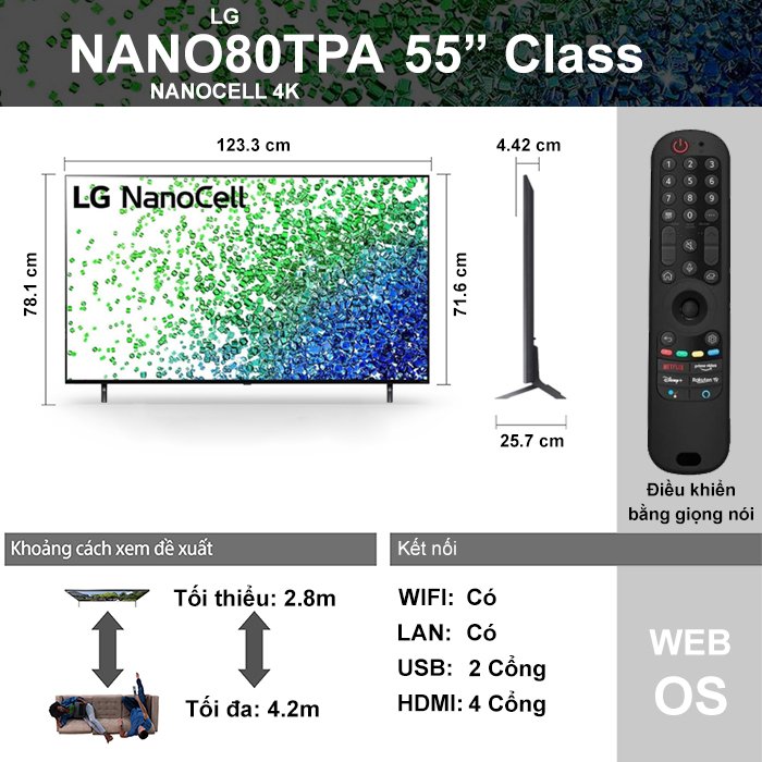Smart Tivi 4K LG 55 inch 55NANO80TPA NanoCell HDR ThinQ AI