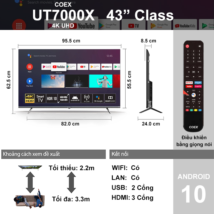 Smart Tivi Coex 4K 43 inch 43UT7000X Android 10