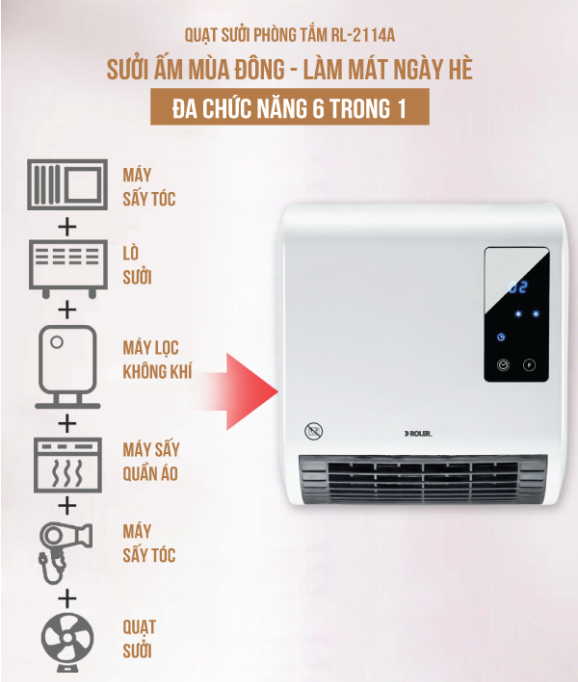 Sưởi phòng tắm đa năng Roler RL - 2114A (2000W, Điều khiển từ xa)