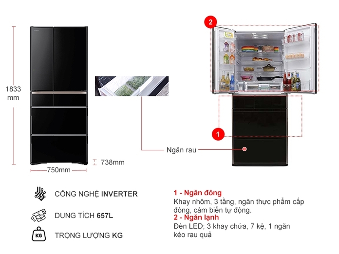 Tủ lạnh 6 cánh Hitachi G620GV(XK) - 657 Lít Inverter