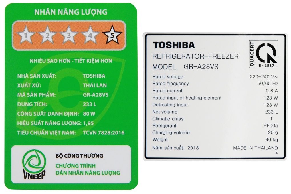 Tủ lạnh 2 cánh Inverter Toshiba GR-A28VS(DS) - 226 Lít