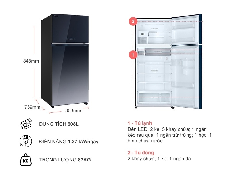 Tủ lạnh 2 cánh Toshiba GR-AG66VA(GG) 608L,Inverter