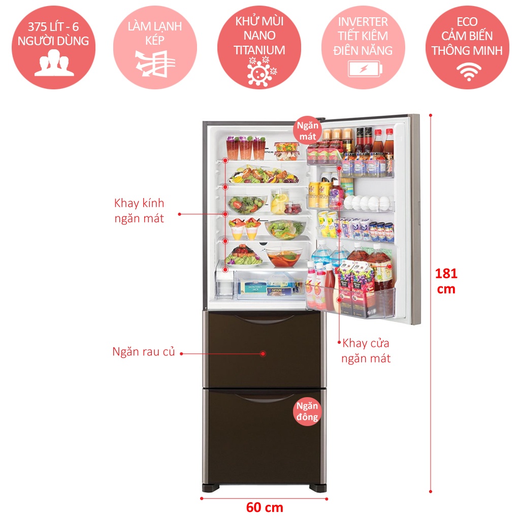 Tủ lạnh 3 cánh Hitachi R-FSG38FPGV (GBW) 375L Inverter