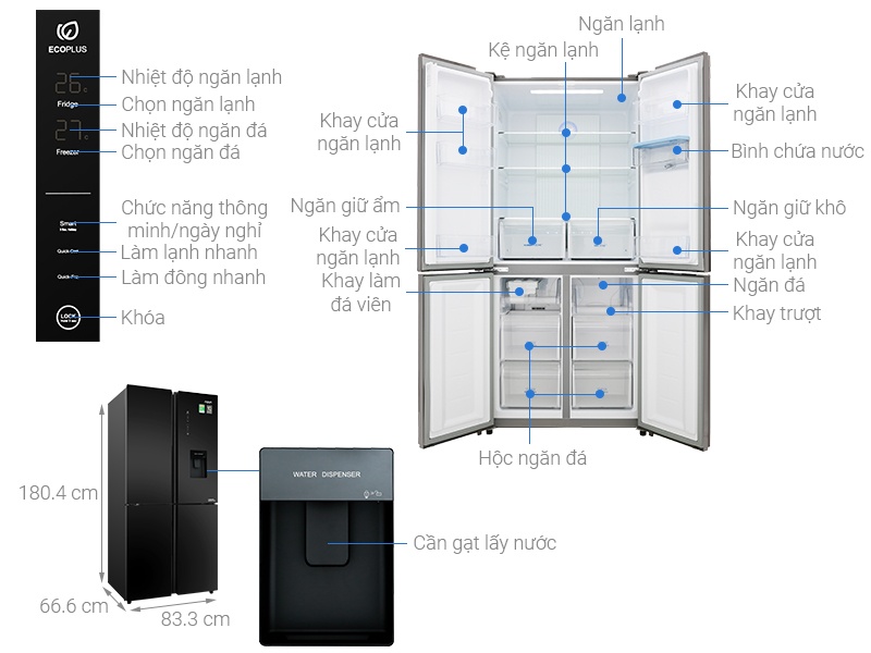 Tủ lạnh 4 cửa 511L AQUA AQR-IGW525EM(GP) Inverter