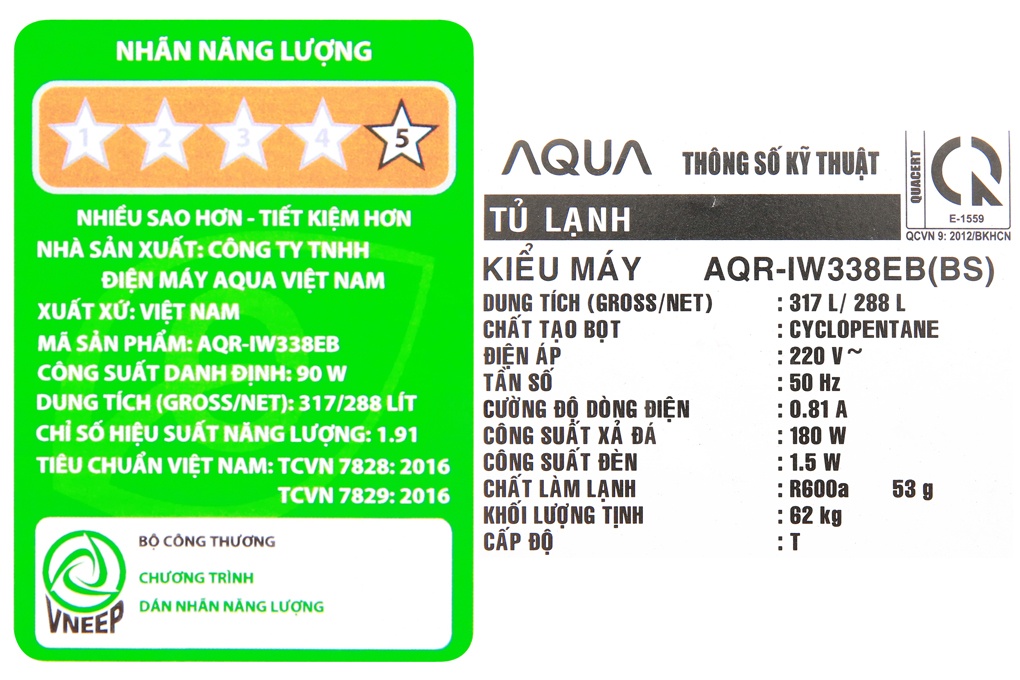 Tủ lạnh Aqua AQR-IW338EB(BS) - 288L Inverter