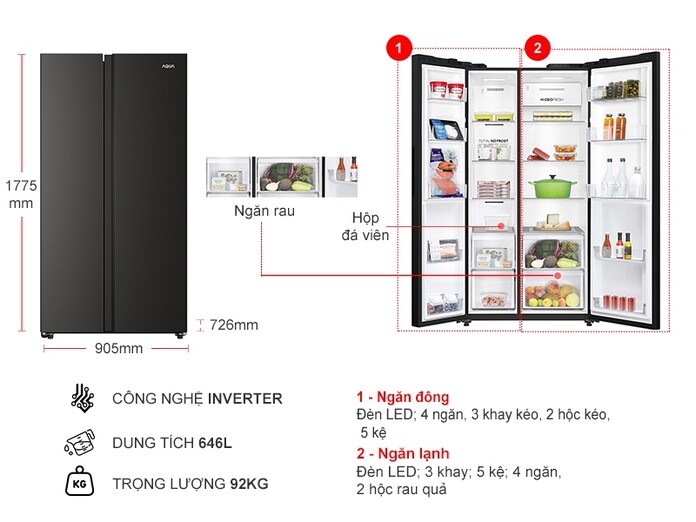 Tủ lạnh Aqua Inverter 646 lít Side By Side AQR-S682XA(BL)