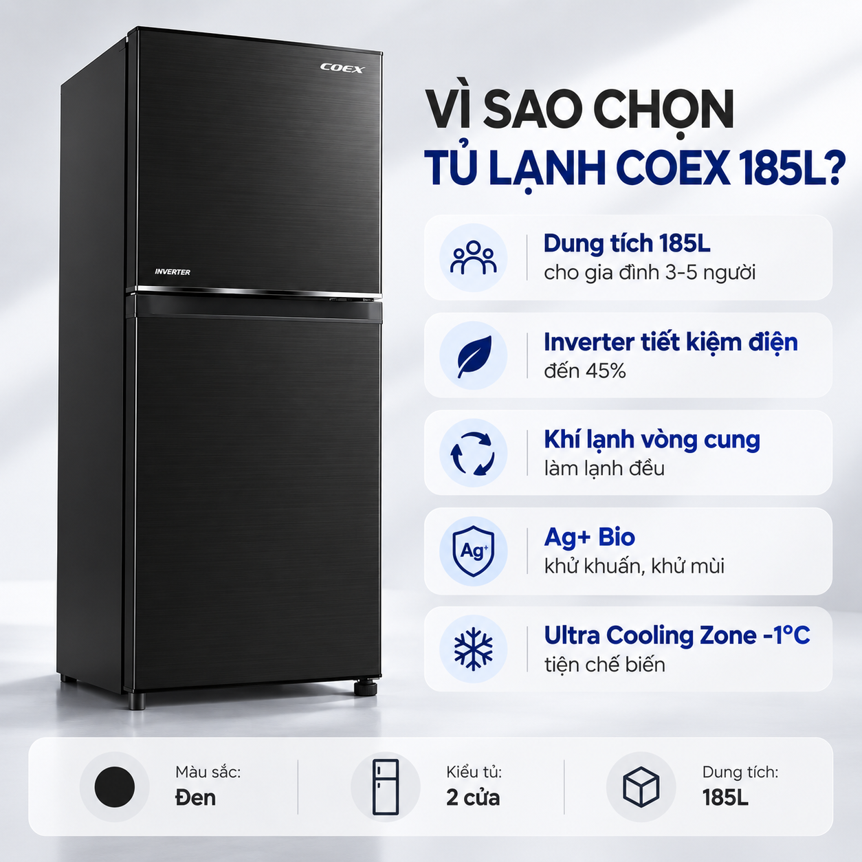Tủ lạnh Coex 2 cửa Inverter 185 lít RT-4002BS