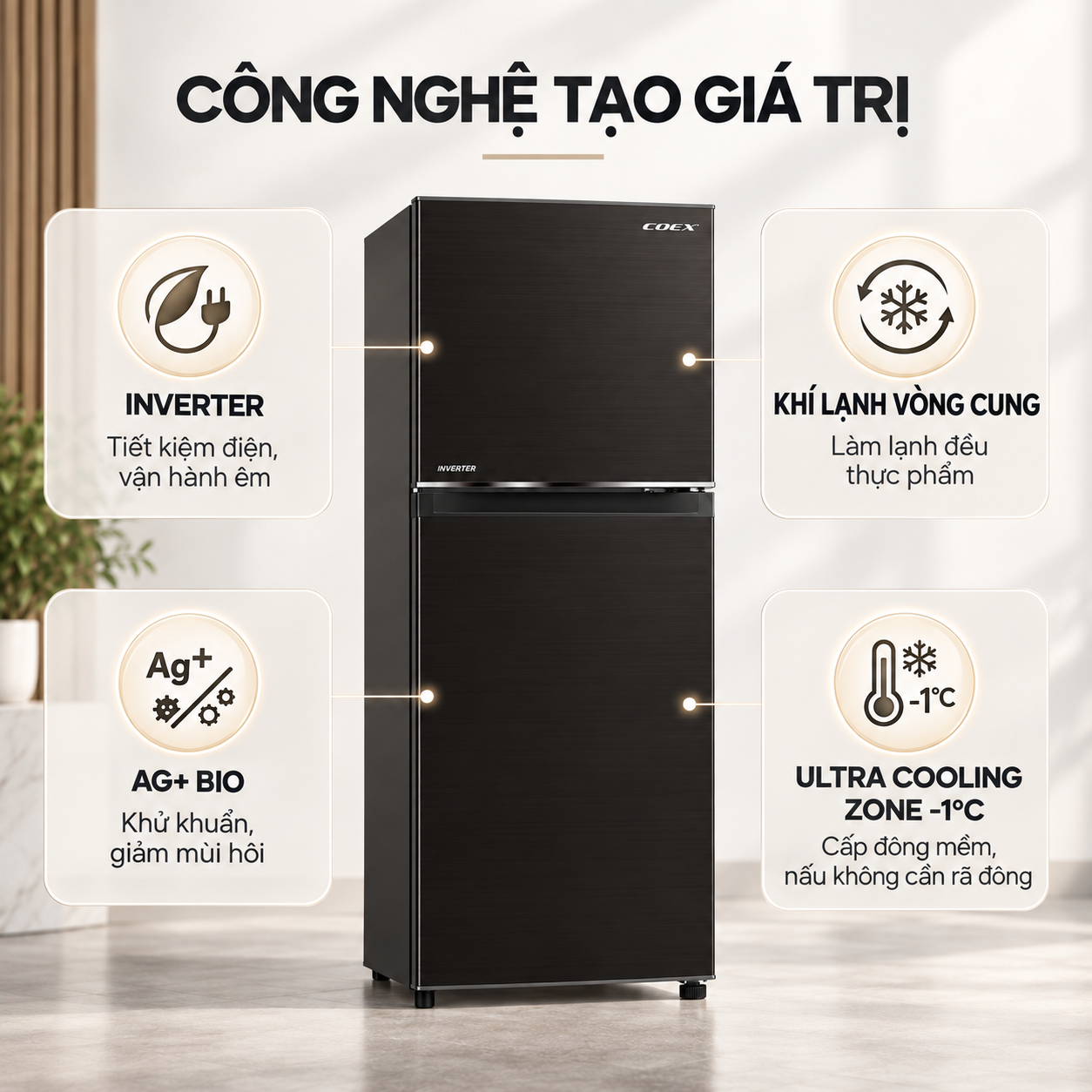 Tủ lạnh Coex 2 cửa Inverter 196 lít RT-4003BS