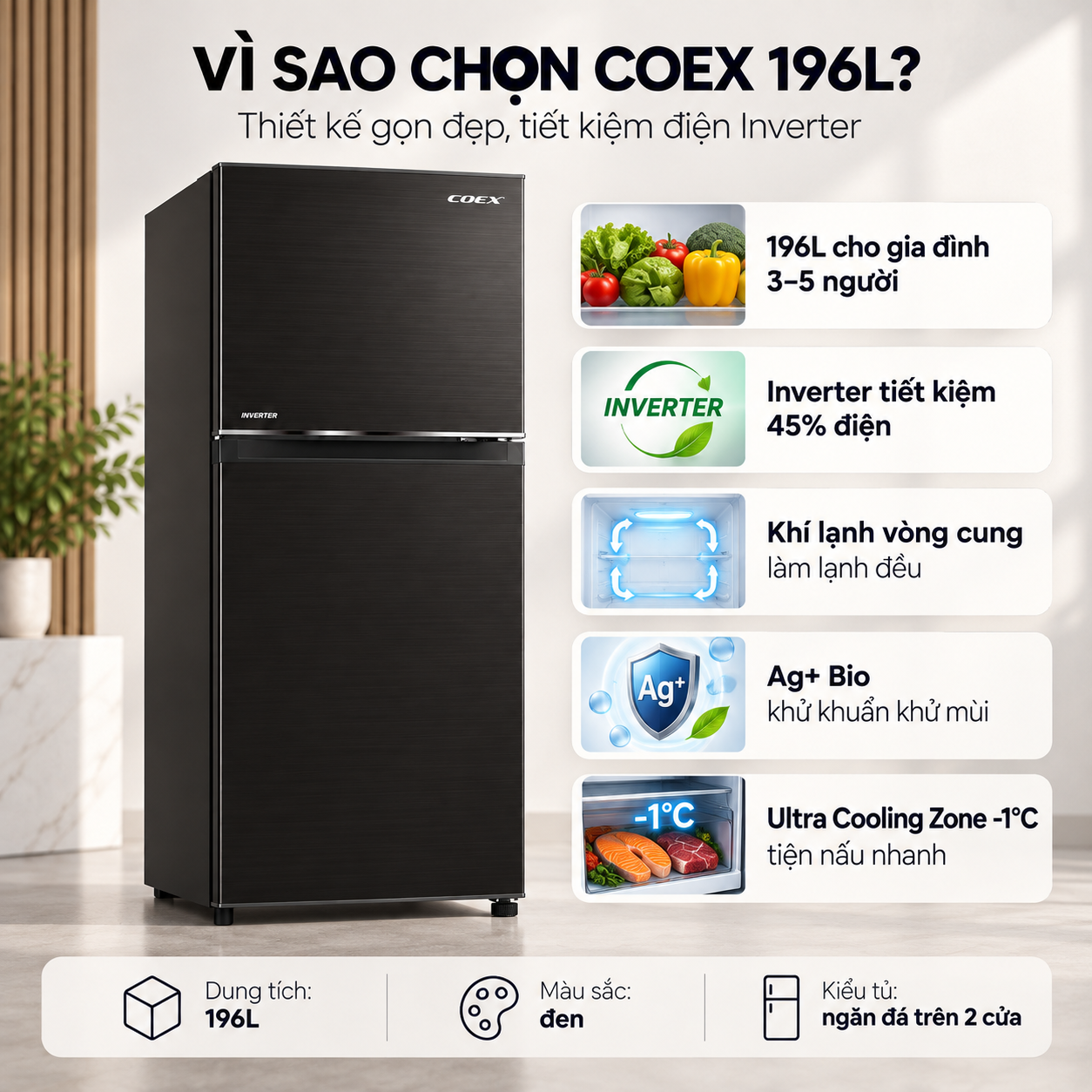 Tủ lạnh Coex 2 cửa Inverter 196 lít RT-4003BS