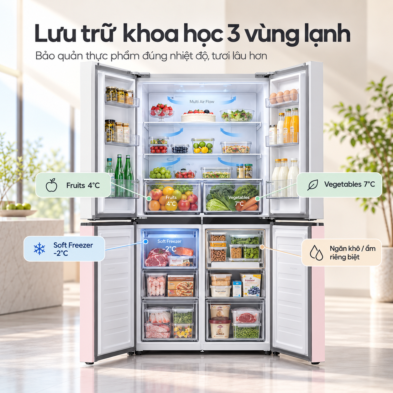 Tủ lạnh Coex Bespoke Inverter 415 lít 4 cửa RM-4009MGWP-BS (Mặt Gương Trắng Hồng - Đông mềm)