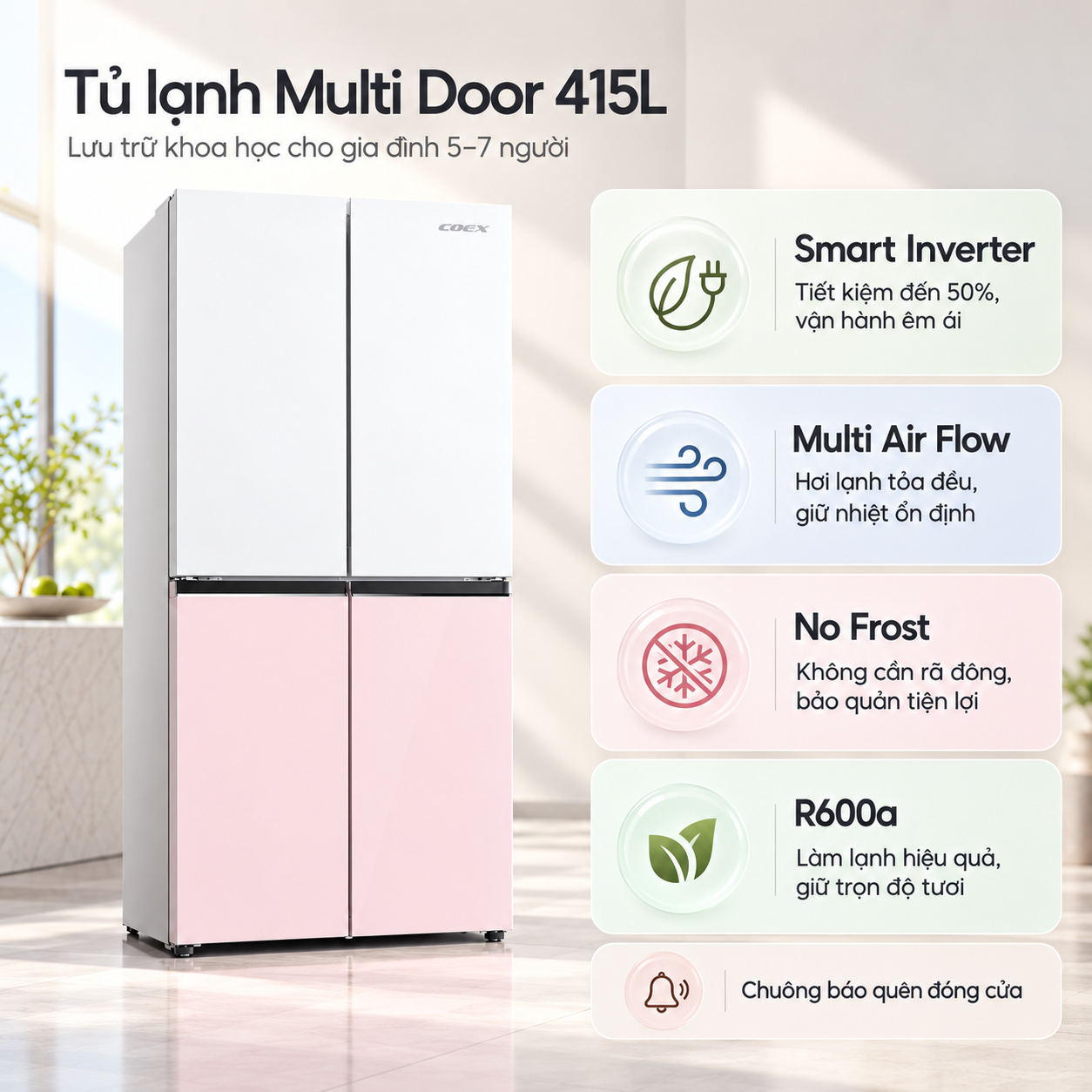 Tủ lạnh Coex Bespoke Inverter 415 lít 4 cửa RM-4009MGWP-BS (Mặt Gương Trắng Hồng - Đông mềm)