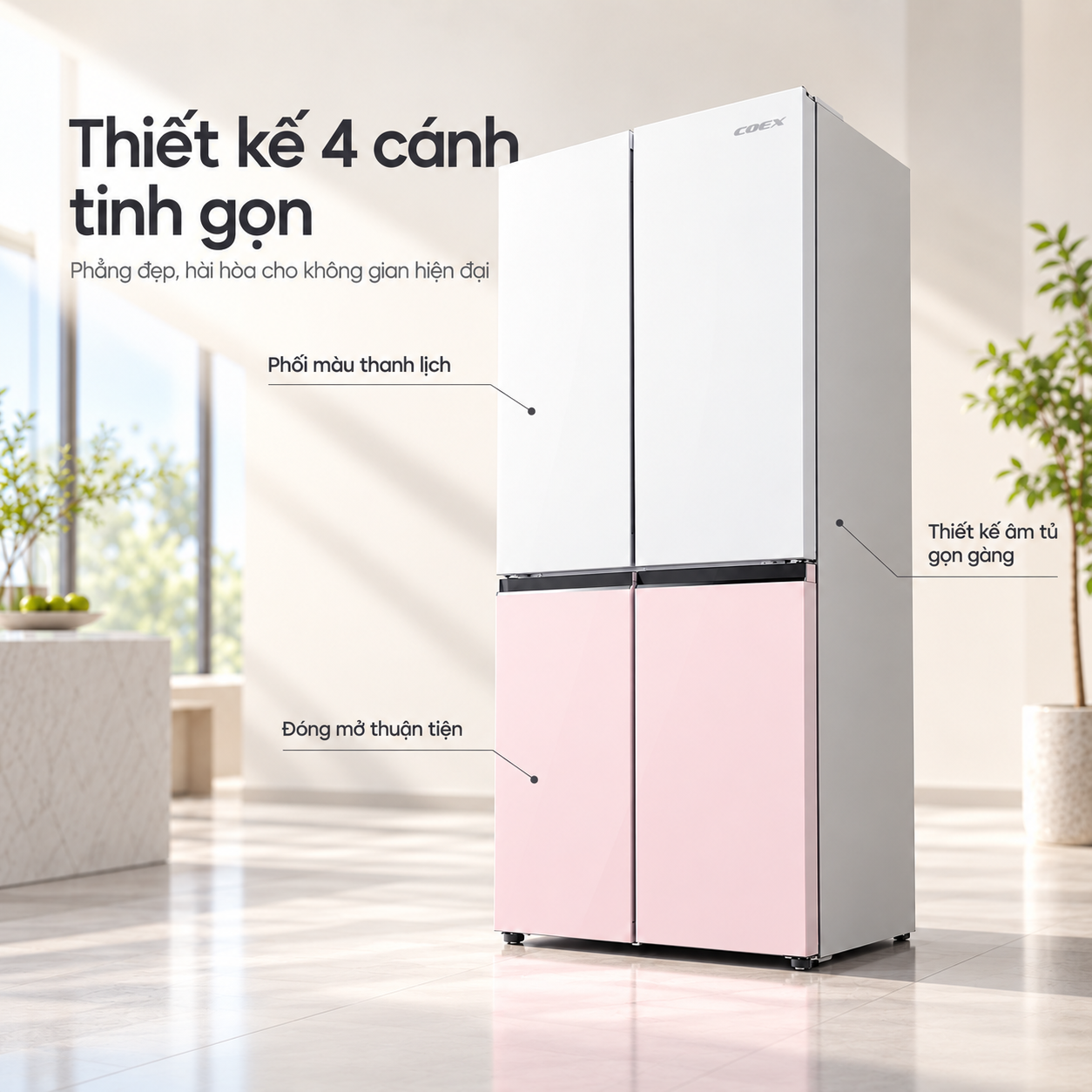 Tủ lạnh Coex Bespoke Inverter 415 lít 4 cửa RM-4009MGWP-BS (Mặt Gương Trắng Hồng - Đông mềm)