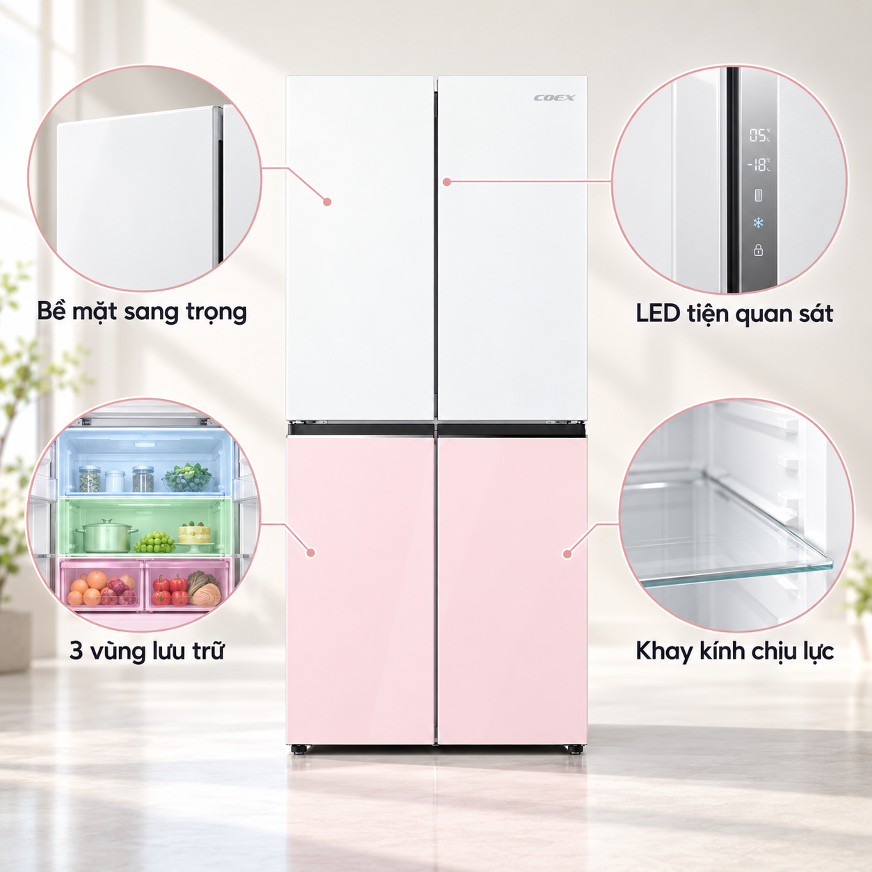 Tủ lạnh Coex Bespoke Inverter 415 lít 4 cửa RM-4009MGWP-BS (Mặt Gương Trắng Hồng - Đông mềm)