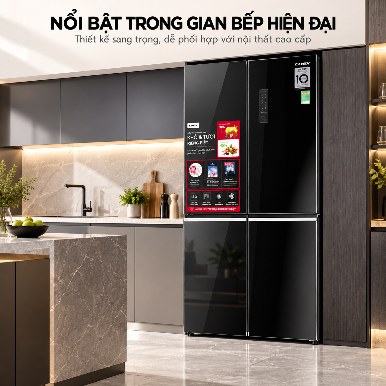 Tủ lạnh Coex Inverter 362 lít 4 cửa RM-4007MGB (Mặt Gương Đen)