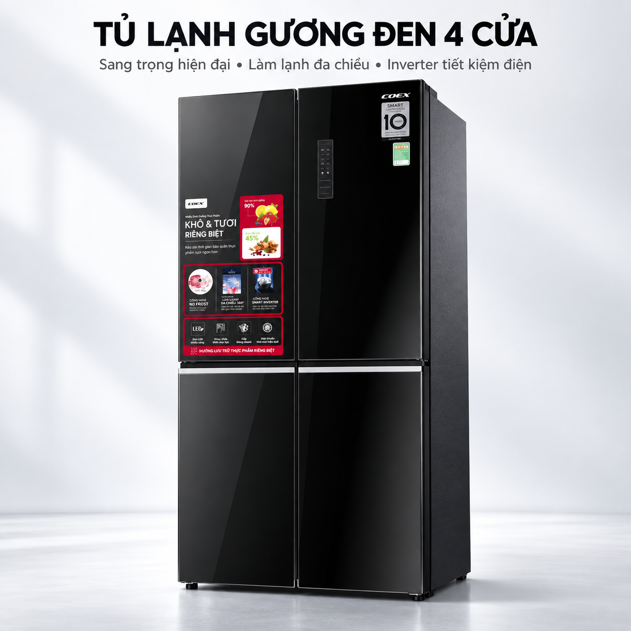 Tủ lạnh Coex Inverter 362 lít 4 cửa RM-4007MGB (Mặt Gương Đen)