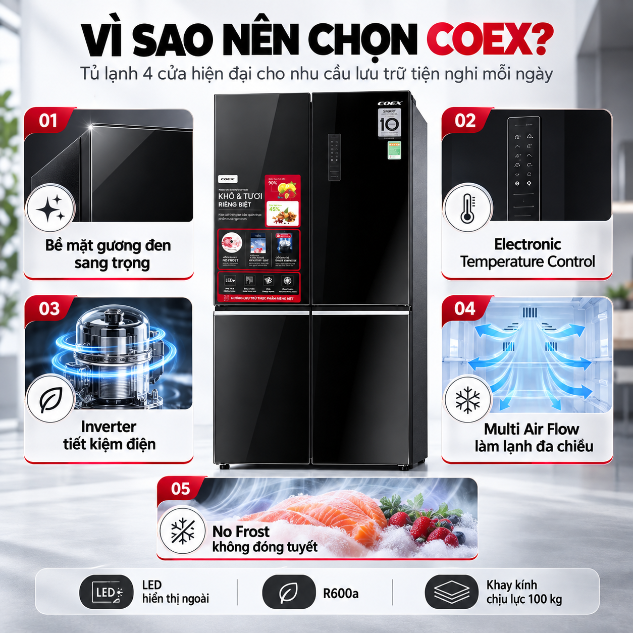 Tủ lạnh Coex Inverter 362 lít 4 cửa RM-4007MGB (Mặt Gương Đen)
