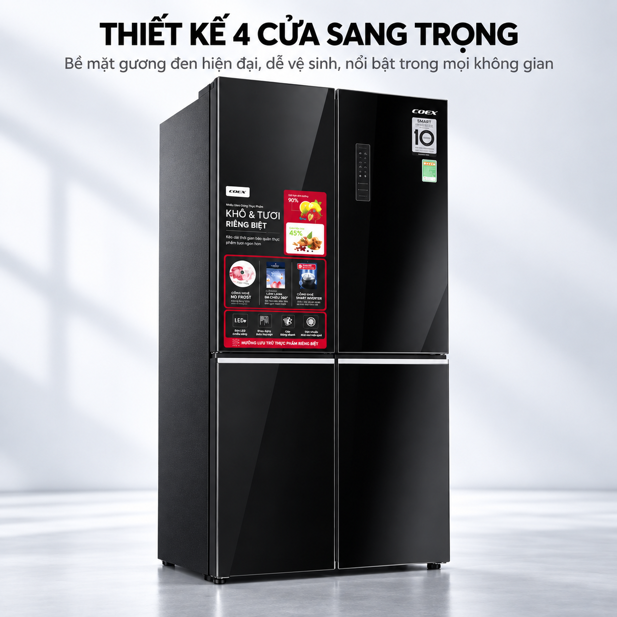 Tủ lạnh Coex Inverter 362 lít 4 cửa RM-4007MGB (Mặt Gương Đen)