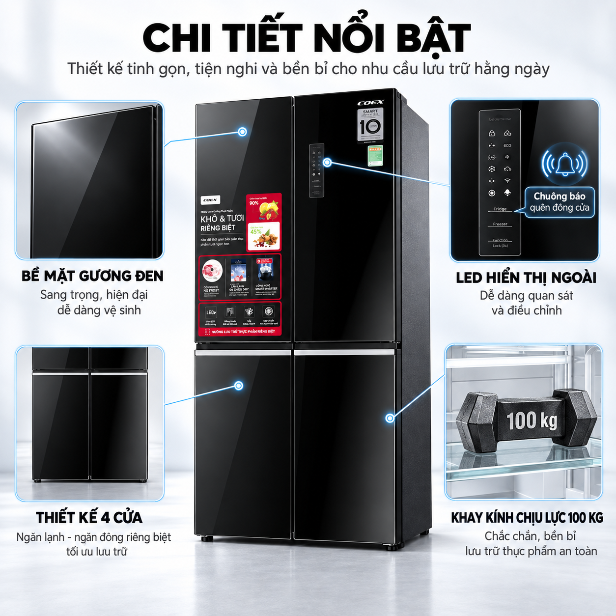 Tủ lạnh Coex Inverter 362 lít 4 cửa RM-4007MGB (Mặt Gương Đen)
