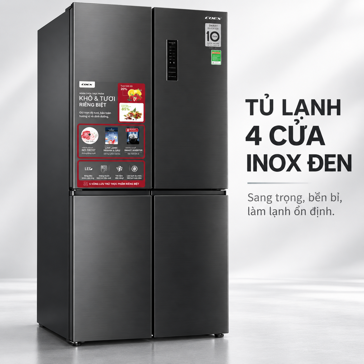 Tủ lạnh Coex Inverter 362 lít 4 cửa RM-4007MIB (Inox Đen)