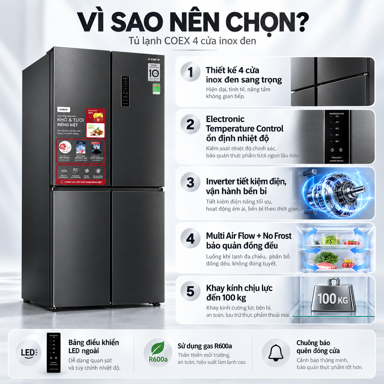 Tủ lạnh Coex Inverter 362 lít 4 cửa RM-4007MIB (Inox Đen)
