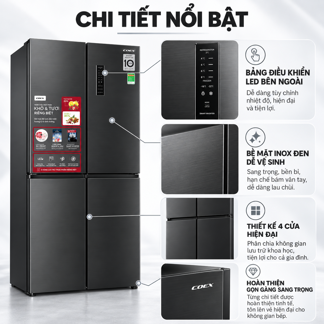 Tủ lạnh Coex Inverter 362 lít 4 cửa RM-4007MIB (Inox Đen)