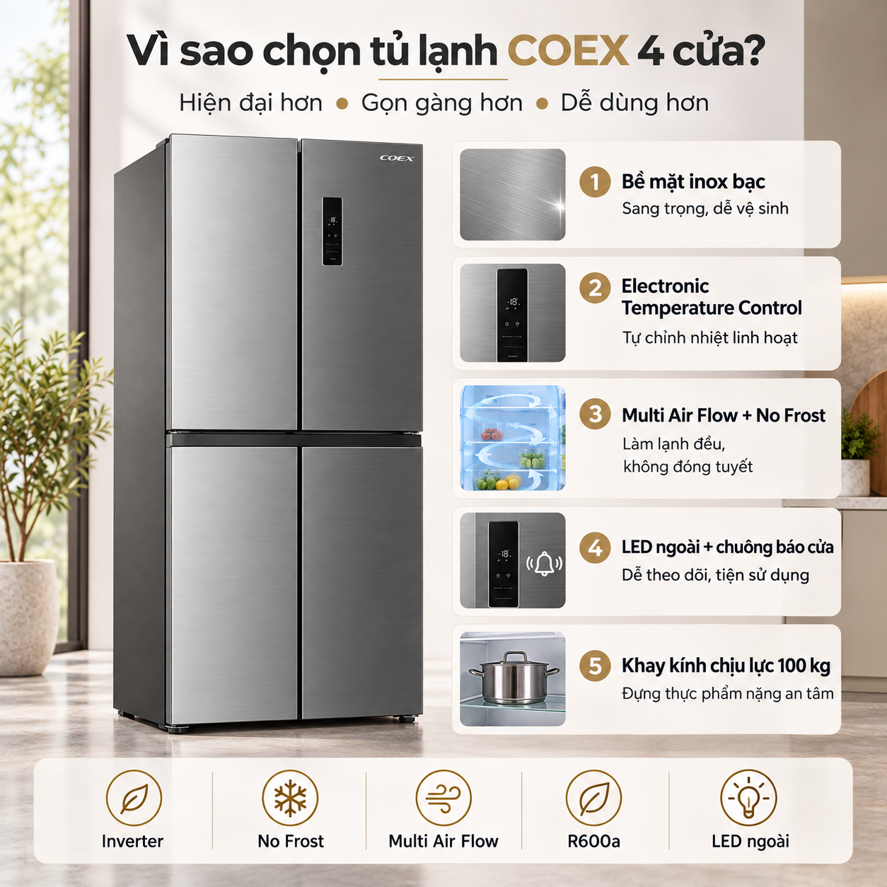 Tủ lạnh Coex Inverter 362 lít 4 cửa RM-4007MIS (Inox Bạc)